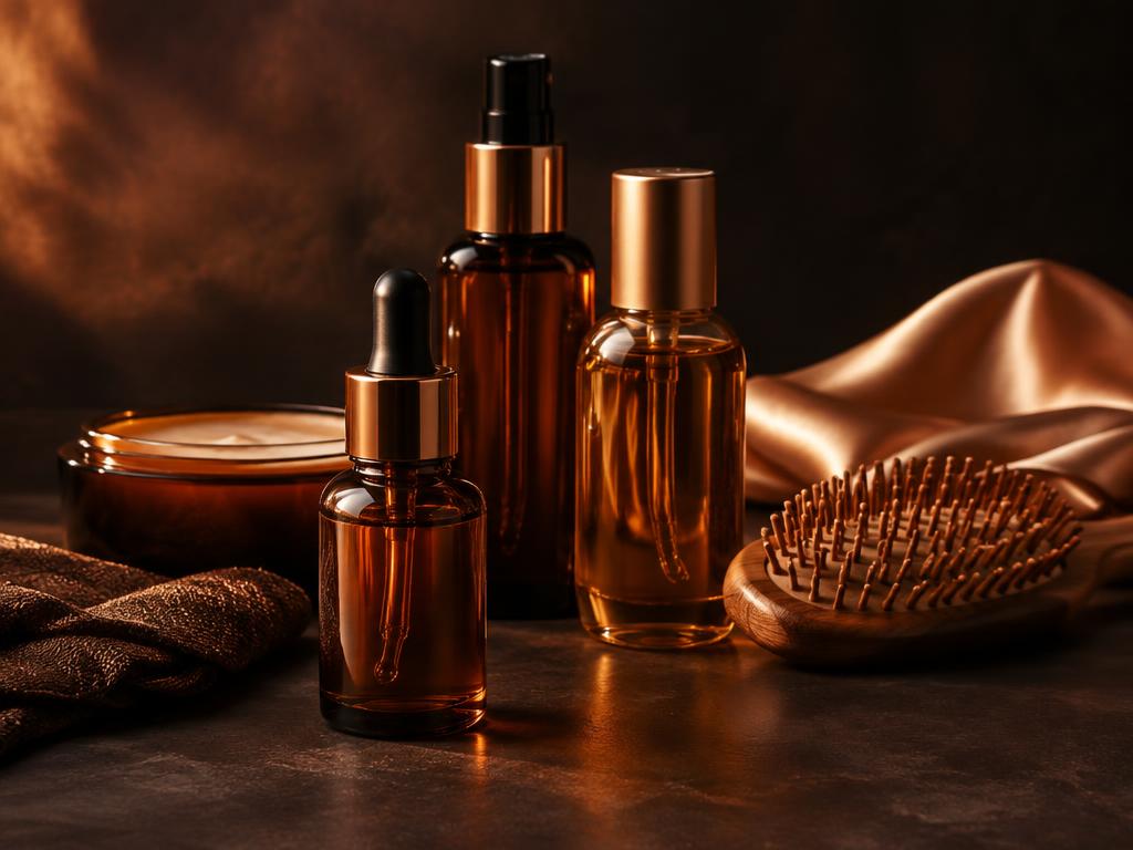 Hair and beauty products in copper light